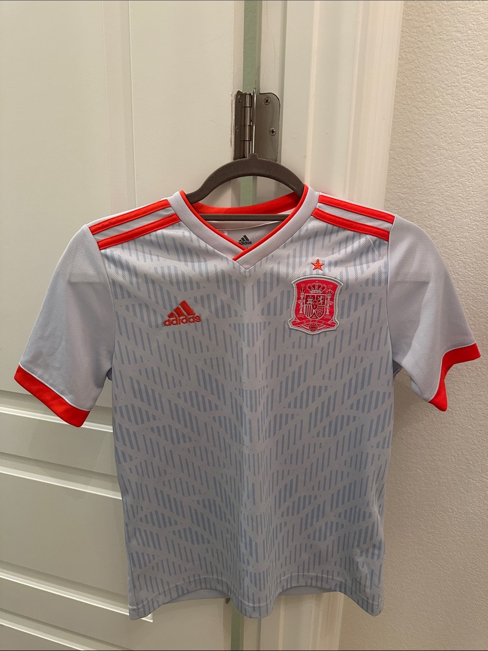 adidas Light Gray Kids Spain Soccer Jersey with Red Accents